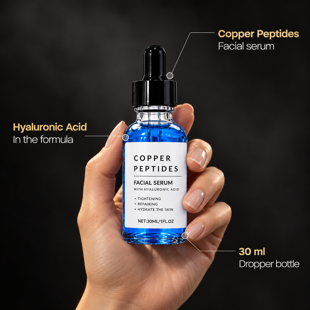 Hand holding the GHK-Cu Serum bottle: copper peptides, hyaluronic acid, 30 ml dropper bottle