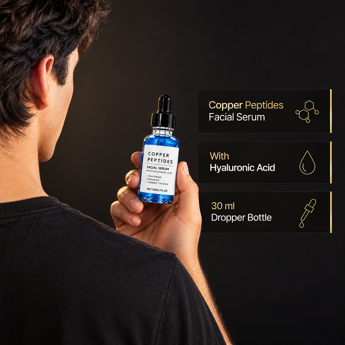 Man holding the GHK-Cu Serum next to ingredient cards