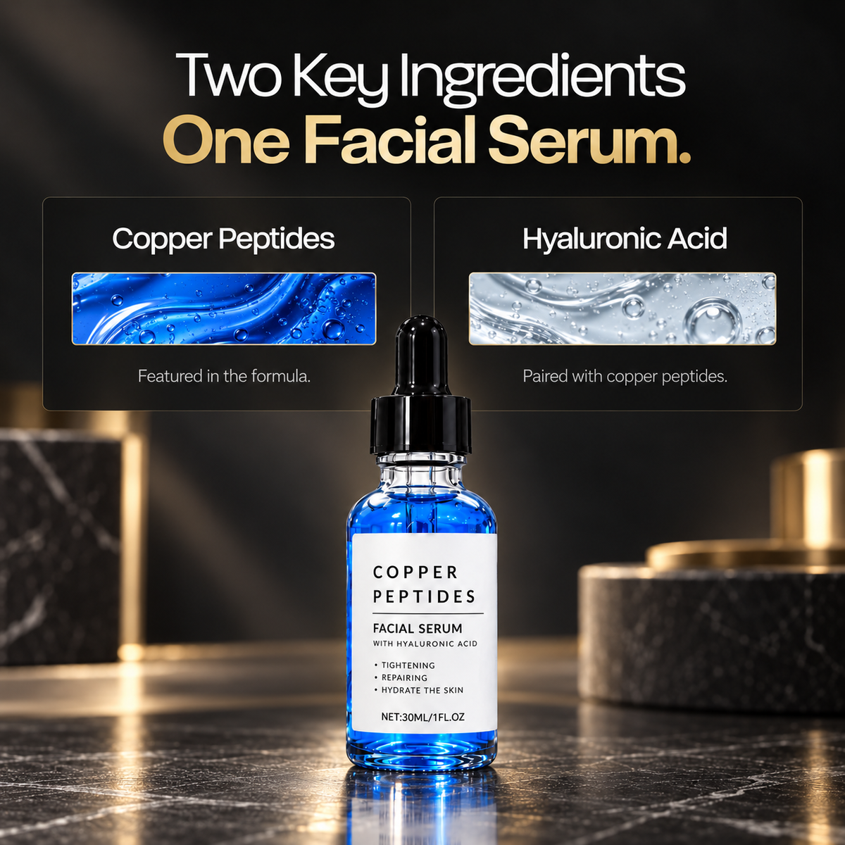 Two key ingredients, one facial serum: copper peptides and hyaluronic acid